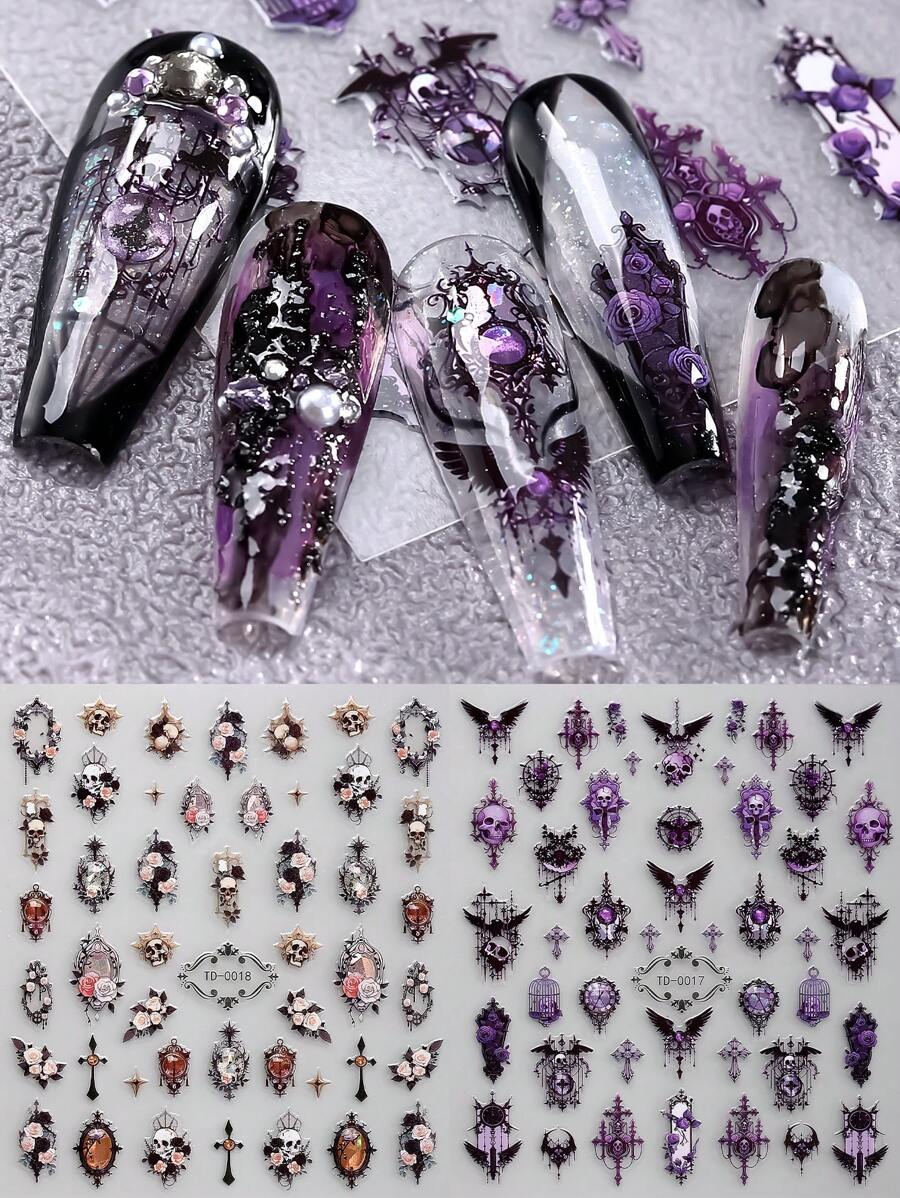 Beauty Sticker 2 miếng dán móng tay 5D, kiểu Gothic, hình nơ, đầu lâu, hoa hồng, bướm đính đá, đồ dùng tự làm móng nghệ thuật cho phụ nữ và bé gái