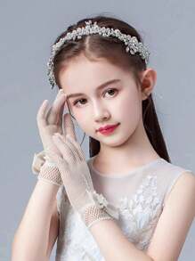 1 双女童白色透气蝴蝶结网眼芭蕾手套，适合婚纱、拍照、舞台表演、公主、花童、生日、高弹力五指手套 - 白色 - 查看 14