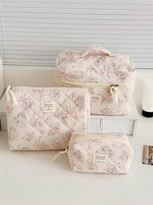1个春季粉色碎花化妆包，女士旅行大容量化妆品收纳包，便携式化妆品收纳手拿包，带拉链，可收纳化妆品、护肤品、口红、化妆刷、护手霜、耳机、零钱、钥匙等小物件，适合居家、旅行、度假和上学使用。化妆包/化妆袋/护肤包/洗漱包。 - 藕粉色 - 查看 1