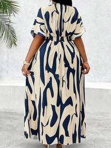 Vestido de manga de murciélago con estampado de bloques de color talla grande, ropa de resort casual elegante - Multicolor - Ver 3