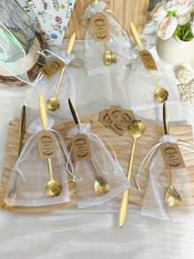 54pcs/36pcs/18pcs Gold Stainless Steel Tea Spoon Favor Set With Gift Cards & Tulle Bag, Coffee Cake Dessert Stirring Spoons, Ideal For Wedding, Bridal Shower, Guest Tea Party, Home Kitchen Party Favors