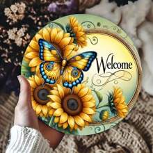 1 件鲜艳的橙色有翼蝴蝶，带有复杂的蓝色图案 - 8 英寸圆形金属墙面艺术牌匾，适用于家居装饰、酒吧、咖啡厅、俱乐部、宿舍 - 理想的礼物，完美的房间装饰，随机孔位置 - 彩色 - 查看 5