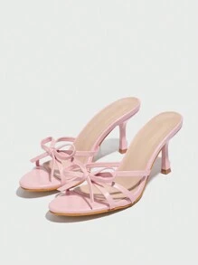 女士露趾细高跟凉鞋，蝴蝶结，性感派对礼服鞋，透气夏季透明高跟鞋，粉色 - 粉色 - 查看 5