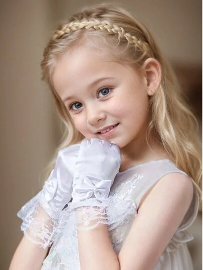 1 Pair Girls' White Satin Lace Bow Gloves, High-End Gloves For Wedding Dress, Photo Shoot, Stage Performance, Princess, Flower Girl, Birthday, Highly Elastic Five-Finger Gloves