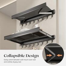 Extendable Clothes Rack, Wall-Mounted Clothes Rack Made Of Space Aluminum With Drying Net, Wall-Mounted Clothes Dryer With Hooks - 灰色 - 查看 2
