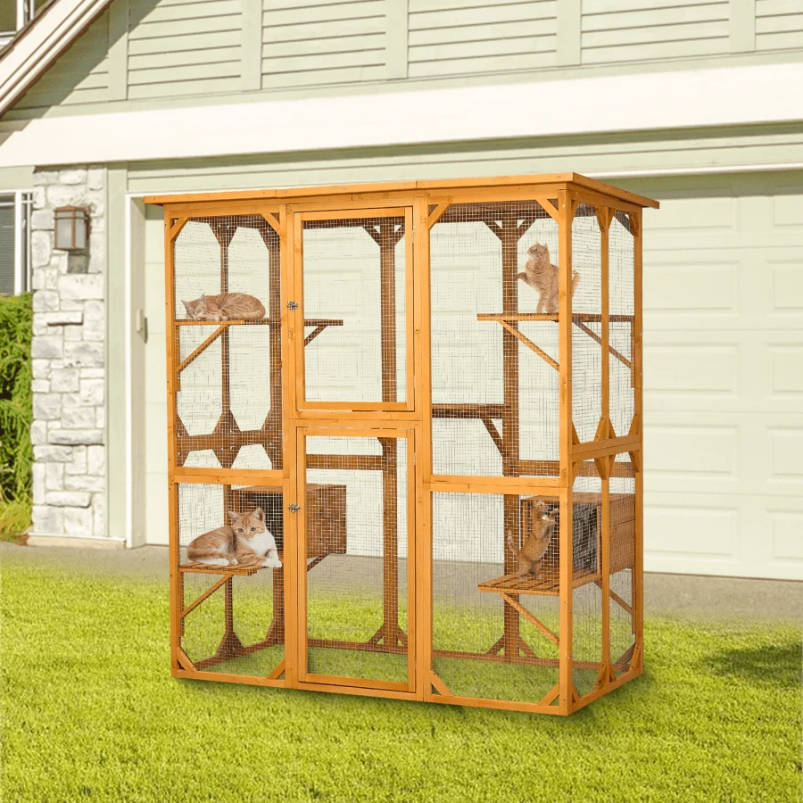 PawHut 71 In. L Brown Wooden Outdoor Cat House With Asphalt Roof, Multi-Level Platforms, And Large Enter Door D32-002 - The Home Depot