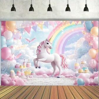 Unicorn Birthday Party Backdrop Banner, Birthday Party Horizontal Banner, Photo Booth Masquerade Background Decoration Props For Party