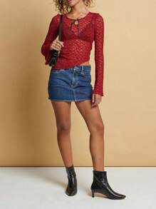 Women's Y2K Keyhole Lace Tops Long Sleeve Round Neck Tie-Up Front Slim Fit T-Shirts Blouses - 紅色 - 查看 3