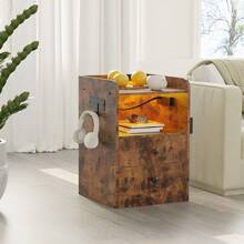 Nightstand With Charging Station & USB Ports & LED, Bedside Table With 2 Drawers And Open Shelf, Adjustable Light, Vintage Brown