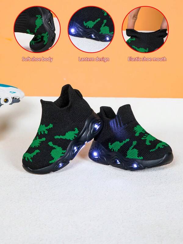 Neue Kinder Dinosaurier Muster weiche & atmungsaktive Leuchtsohle Slip On Outdoor Lässig Sportschuhe, rutschfest & leicht