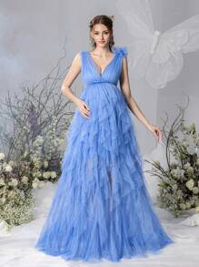 Maternity Plunging Neck Sleeveless Mesh Overlay Photography Dress - Blue - View 4