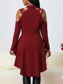 Women Open Shoulder Asymmetrical Hem Long Sleeve Collar Blouse, Spring & Autumn - Red - View 2