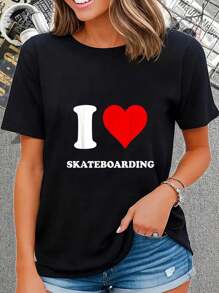 I Heart Skateboarding I Love Skateboarding T-Shirt Round Neck Short Sleeve T-Shirt Women's Men's Graphic Tee Casual Tops - 黑色 - 查看 1