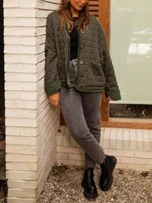 Quilted Jackets For Women Lightweight Button Down Long Sleeve Winter Padded Coat Puffer Jacket - màu xanh lá - Xem 4