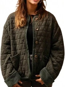 Quilted Jackets For Women Lightweight Button Down Long Sleeve Winter Padded Coat Puffer Jacket - màu xanh lá - Xem 1