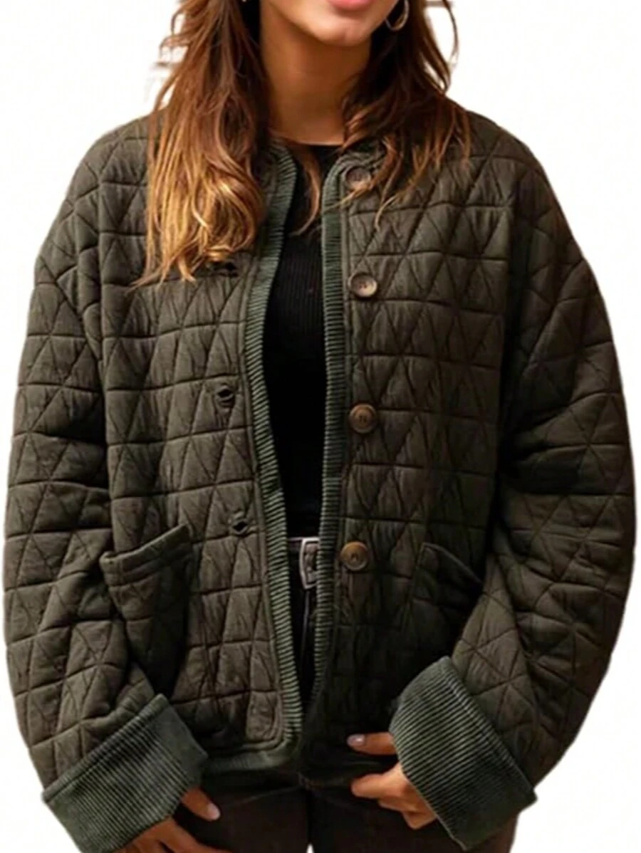 Quilted Jackets For Women Lightweight Button Down Long Sleeve Winter Padded Coat Puffer Jacket - màu xanh lá - Xem 1
