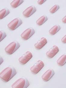 24Pcs Short Square With White French Tip And Flower Design Press On Nails Simple And Cute Style For Daily Use False Nails Nail Supplies Nails