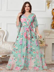 SUPGIR 加大码花卉印花 V 领雪纺荷叶边袖褶腰优雅连衣裙派对礼服婚礼宾客礼服正式礼服晚礼服 - 綠色 - 查看 5