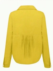 Simple Button Front Shirt, Casual Solid Color Long Sleeve Shirt, Comfortable Women Cotton Linen Shirt - 黃色 - 查看 6