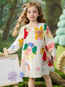 ASK JUNIOR ASK JUNIOR Girls Digital Print Mid-Length A-Line Dress With Puff Sleeves, Spring/Autumn