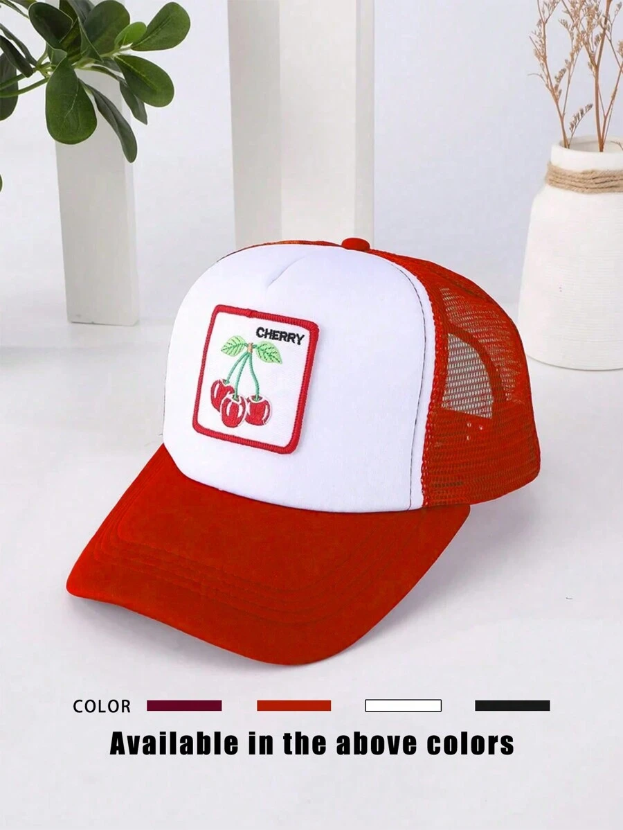 1pc Embroidered Cherry Patch Colorblock Meshed Ponytail Hat, Adjustable Outdoor Sun Protection Casual Hat For Spring Autumn Travel Beach, Y2K Style Youth Cap,Summer,Holiday,Festival - Baseball Mesh Cap - View 1