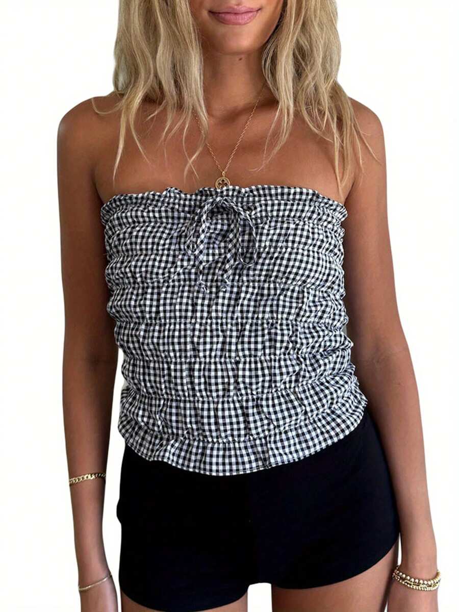 Women's Crop Tube Tops Slim Fit Off Shoulder Backless Strapless Sleeveless Plaid Ruffled Shirt For Summer - Black - View 1
