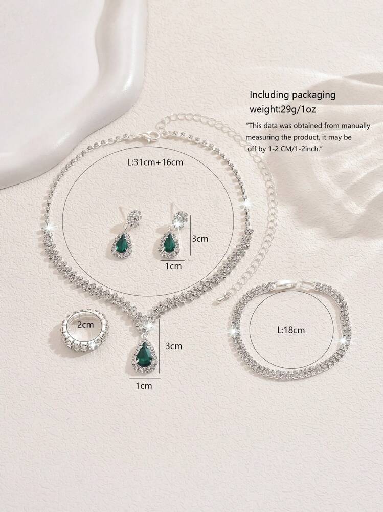3pcs Set Silver Metal Crystal Necklace, Earrings & Bracelet Jewelry Set, Wedding Bridal Accessories - 734783424-2 Green Suit - View 5