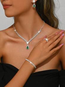 Set de 3 piezas de joyería de metal plateado con cristales, incluyendo collar, aretes y pulsera, accesorios nupciales para bodas