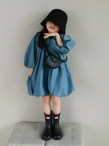 1 pièce Robe fleurie ample à col évasé bleue, Printemps