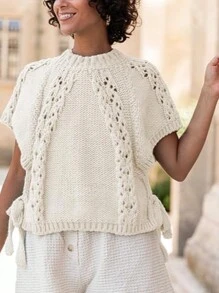 Suéter de manga corta con cuello redondo y cordones para mujer, tops de crochet, camisetas holgadas - Beis - Ver 3