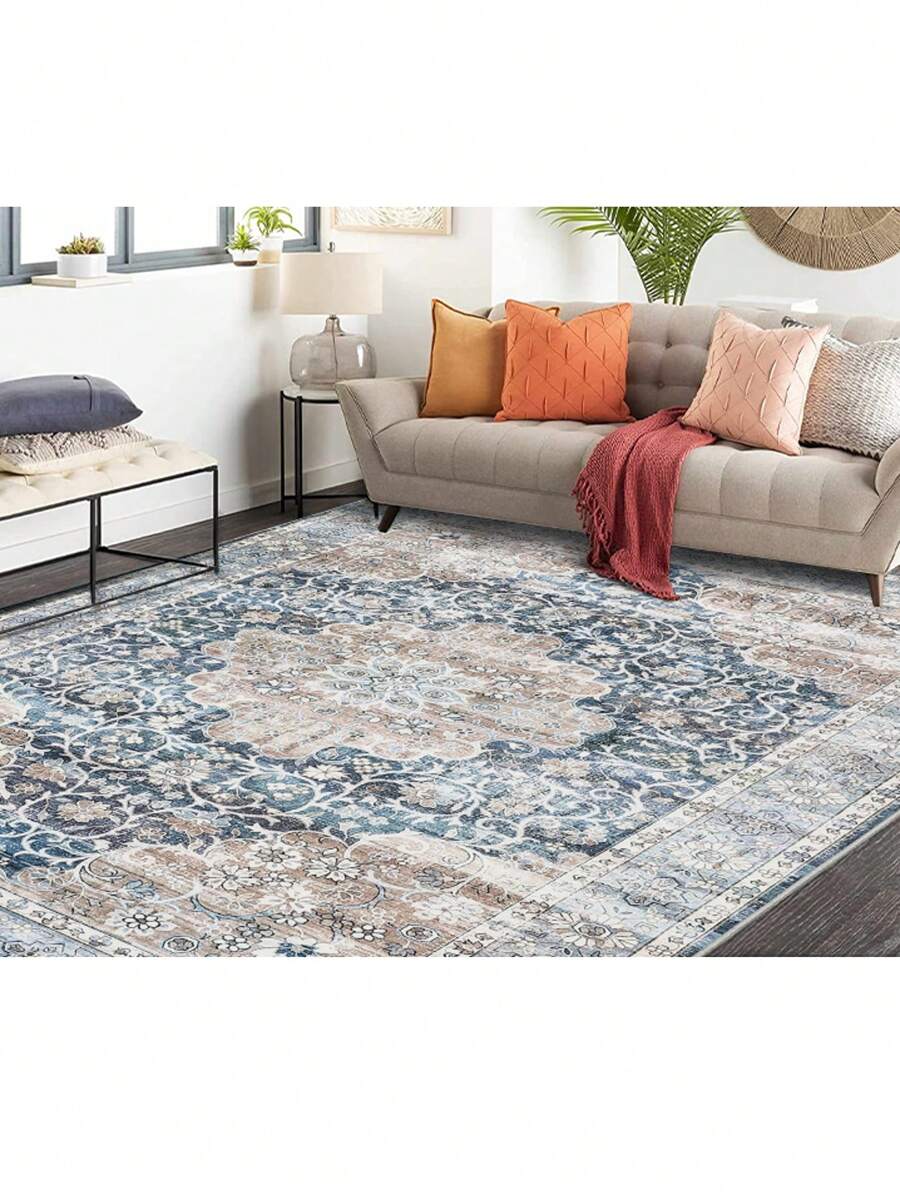 ANPHON Machine Washable Kitchen Runer Boho Vintage Printed Foldable Indoor Area Rug Soft Touch Non Slip Stain Resistant Easy To Clean Throw Rug Ultra Thin Non Shedding Pet Friendly With Elegant Bordered Design Ideal Floor Covering For Home Decoration In Living Room Dining Room Laundry Room Bathroom Entrance Door Mat Bedroom Kitchen - Blue - View 1