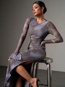 Váy lưới thanh lịch hở vai in họa tiết nhuộm loang Persoshow mùa xuân/hè, váy dạ hội trang trọng, dành cho khách dự tiệc cưới, tốt nghiệp, tiệc tối - Nhiều màu - Xem 6