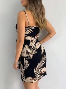 Vestido corto casual de mujer con estampado floral, tirantes finos y lazo frontal