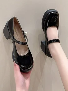 Women's Low Vamp Fashion Versatile Shoes, Breathable Mary Jane Shoes, Chunky Heel Small Leather Shoes, Round Toe Single Strap Retro Style Square Toe Shoes