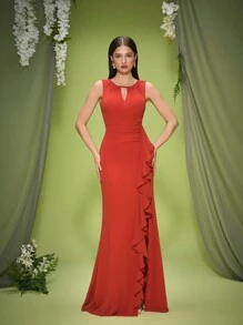 Mgiacy neuankömmling rundhals elegantes brautjungfernkleid geraffte volant chiffon langes kleid