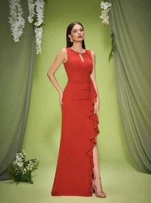 Mgiacy neuankömmling rundhals elegantes brautjungfernkleid geraffte volant chiffon langes kleid