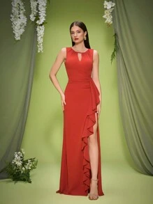 Mgiacy neuankömmling rundhals elegantes brautjungfernkleid geraffte volant chiffon langes kleid