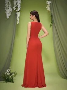 Mgiacy neuankömmling rundhals elegantes brautjungfernkleid geraffte volant chiffon langes kleid