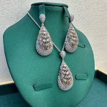 Ramadan Luxury Teardrop Design Necklace And Earrings Jewelry Set, Copper With Colorful Zirconia Rhinestones, Elegant Jewelry Set For Women, Suitable For Daily, Evening Party, Valentine's Day Gift - Silver - View 5