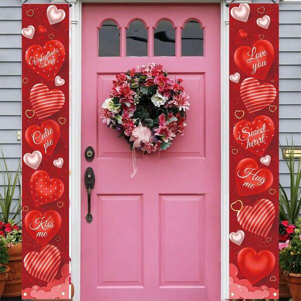 Striscione decorativo da appendere per San Valentino, a forma di cuore con fantasia quadrettata rossa e bianca, insegna di benvenuto per portico d'ingresso, decorazioni romantiche per feste in casa o all'aperto