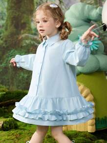 ASK JUNIOR Young Girls Big Wave Ruffle Edge Breathable Shirt Dress, Princess Dress For Spring - Blue - View 3