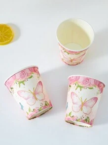 10 piezas/25 piezas Vasos de papel desechables, vasos con temática floral y de mariposas para bebidas frías y café, adecuados para cumpleaños, reuniones familiares, picnics y decoración de fiestas
