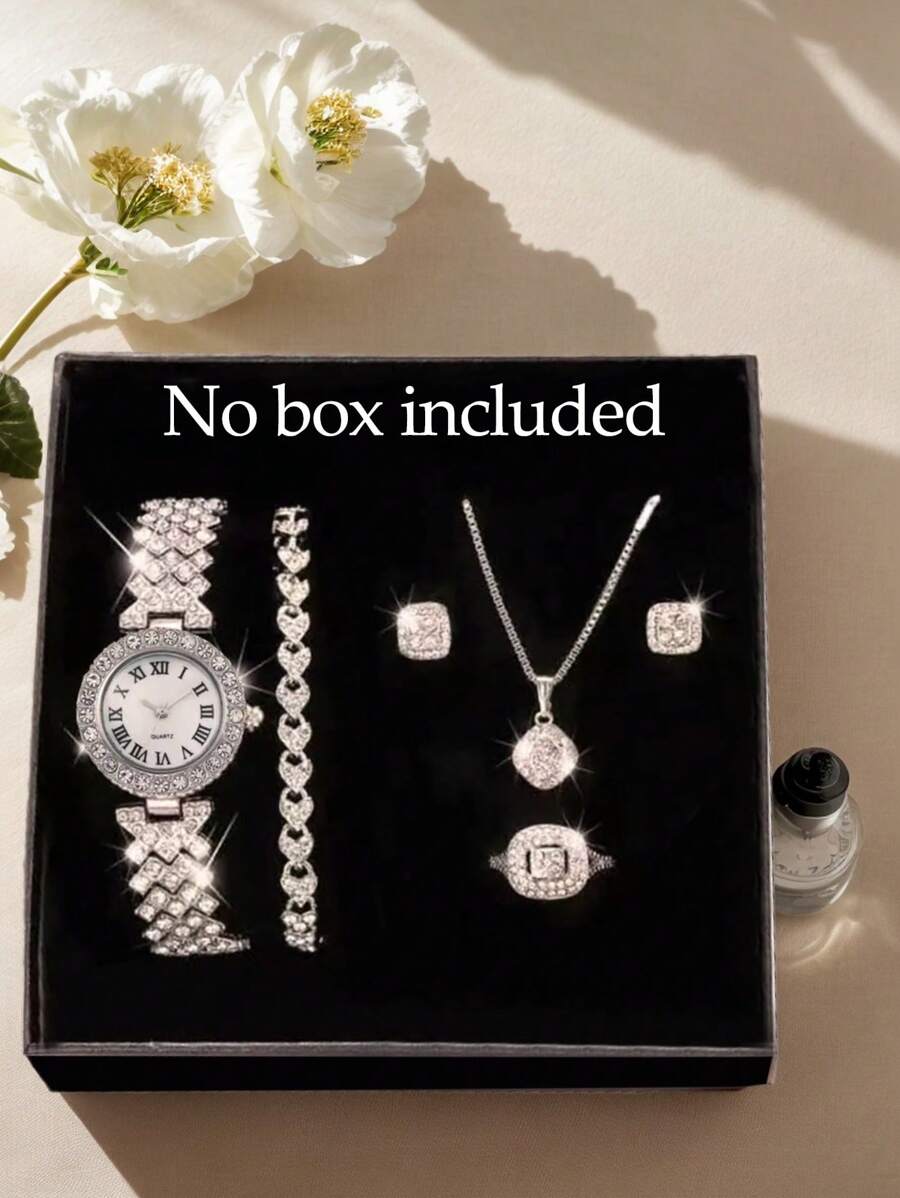 6 件套时尚优雅青少年个性化银色水钻石英手表搭配精美手链项链耳环戒指首饰套装送给朋友的礼物