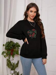 Winter Pullovers Sweatshirt Women LOVE Rose Printed Casual Thermal Hoodies Female Tops Blouses Clothes Oversized US
