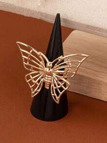 Fashionable High-End Hollow Butterfly Shaped Metal Bracelet And Ring Set, Suitable For Daily, Party, Holiday Wear - Yellow Gold - View 9