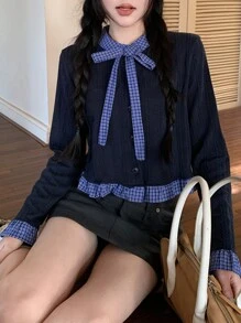 Courtyard Bowknot Lace-Up Cable Knit Splice Short Sleeve Sweater - Navy Blue - View 2