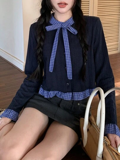 Courtyard Bowknot Lace-Up Cable Knit Splice Short Sleeve Sweater