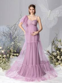 Faeriesty Dressalisa Maternity Asymmetric Ruffled Sleeves Mesh Photography Dress - Dusty Pink - View 5