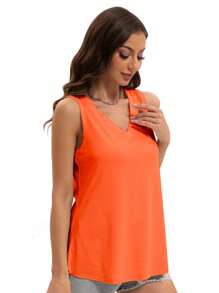 KAHULE Womens V Neck Summer Loose Fit Flowy Sleeveless Shirts Casual Tank Tops - 橘紅色 - 查看 4
