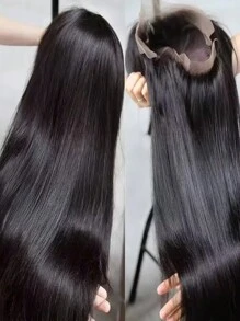 Pelucas frontales de encaje burdeos 99J Cabello humano color vino tinto 13x4 HD Pelucas frontales transparentes Pelucas frontales de encaje recto sin pegamento Cabello humano pre-arrancado con cabello de bebé 200% de densidad - Natural Black - Ver 3